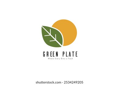 Logo del camión de comida vegana 'Green Plate' - Ilustración de hoja verde y sol amarillo con fuente cursiva audaz sobre fondo blanco para la marca culinaria moderna