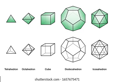 Green Platonic solids and wireframe models, all bodies with equal side lengths. Regular convex polyhedrons with same number of identical faces meeting at each vertex. English. illustration. Vector.