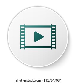 Green Play Video icon isolated on white background. Film strip with play sign. Green circle button. Vector Illustration