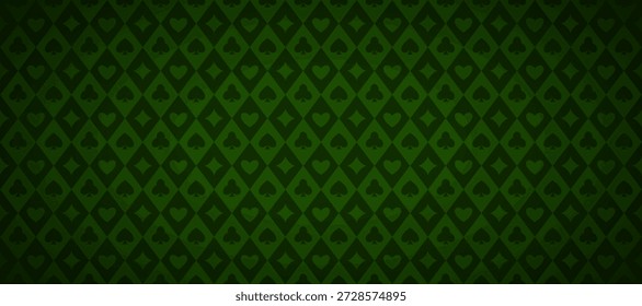 Fundo de padrão de cartas de baralho verde. Retro poker ou tema de mesa de casino wallpaper. Espadas vintage, corações, diamantes, paus símbolos pano de fundo. Textura de conceito de jogo Vegas. Vetor