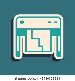 Green Plotter icon isolated on green background. Large format multifunction printer. Polygraphy, printshop service. Long shadow style. Vector
