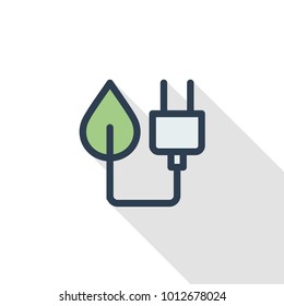 Green plug, Eco energy power socket thin line flat color icon. Linear vector illustration. Pictogram isolated on white background. Colorful long shadow design.