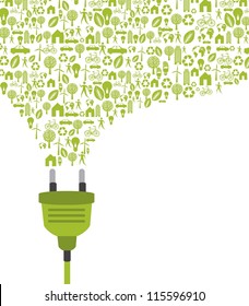 green plug with icons over white background. vector illustration