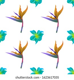 Green Plumeria. Orange Strelitzia. Vector illustration. Seamless background pattern. Floral botanical flower. Wild leaf wildflower isolated. Exotic tropical hawaiian jungle. Fabric wallpaper print.