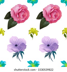 Green Plumeria. Pink Balsam. Violet Anemone. Yellow Lilium. Vector illustration. Seamless background pattern. Floral botanical flower. Wild leaf wildflower isolated. Exotic tropical hawaiian jungle.
