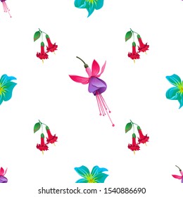 Green Plumeria. Pink and Purple Fuchsia Bella. Red Angel Trumpet. Vector illustration. Seamless background pattern. Floral botanical flower. Wild leaf wildflower isolated. Exotic tropical hawaiian.