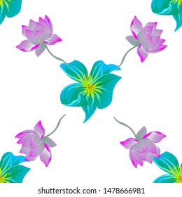 Green Plumeria. Purple Lotus. Vector illustration. Seamless background pattern. Floral botanical flower. Wild leaf wildflower isolated. Exotic tropical hawaiian jungle. Fabric wallpaper print texture.