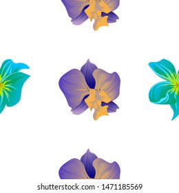 Green Plumeria. Purple Orchid. Vector illustration. Seamless background pattern. Floral botanical flower. Wild leaf wildflower isolated. Exotic tropical hawaiian jungle. Fabric wallpaper print.