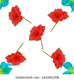 Green Plumeria. Red Amaryllis. Vector illustration. Seamless background pattern. Floral botanical flower. Wild leaf wildflower isolated. Exotic tropical hawaiian jungle. Fabric wallpaper print.