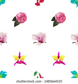 Green Plumeria. Red Angel Trumpet. Pink Magnolia. Pink Balsam. Pink Orchid. Vector illustration. Seamless background pattern. Floral botanical flower. Wild leaf wildflower isolated. Exotic tropical.