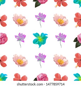 Green Plumeria. Red Hibiscus. Pink Balsam. Pink Peony. Purple Lotus. Vector illustration. Seamless background pattern. Floral botanical flower. Wild leaf wildflower isolated. Exotic tropical.
