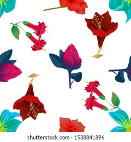 Green Plumeria. Red Vriesea. Red Amaryllis. Red Angel Trumpet. Purple Amaryllis. Vector illustration. Seamless background pattern. Floral botanical flower. Wild leaf wildflower isolated. Exotic.