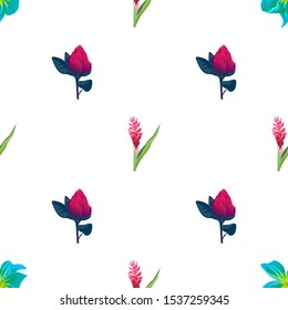Green Plumeria. Red Vriesea. Red and Pink Ginger. Vector illustration. Seamless background pattern. Floral botanical flower. Wild leaf wildflower isolated. Exotic tropical hawaiian jungle. Fabric.
