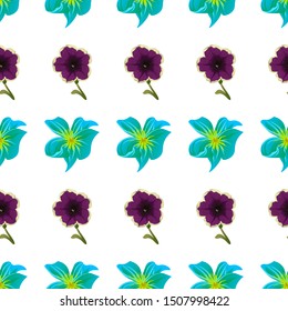 Green Plumeria. Violet Petunia. Vector illustration. Seamless background pattern. Floral botanical flower. Wild leaf wildflower isolated. Exotic tropical hawaiian jungle. Fabric wallpaper print.
