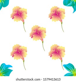 Green Plumeria. Yellow Hibiscus. Vector illustration. Seamless background pattern. Floral botanical flower. Wild leaf wildflower isolated. Exotic tropical hawaiian jungle. Fabric wallpaper print.