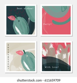Green plums and scribbles on pink.Hand drawn creative invitation greeting cards. Poster, placard, design templates. Anniversary, Birthday, wedding, party cards set of 4. Isolated on layer.