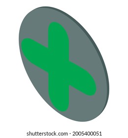 Green plus icon isometric vector. Rounded icon. Iconic symbol inside circle