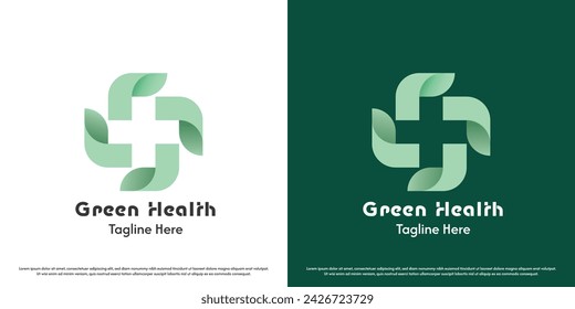 Green plus leaf medic logo design illustration.  Shape eco wellness cross natural health patient medicine hospital clinic medical treatment healthcare. Abstract gradeint modern simple icon symbol.