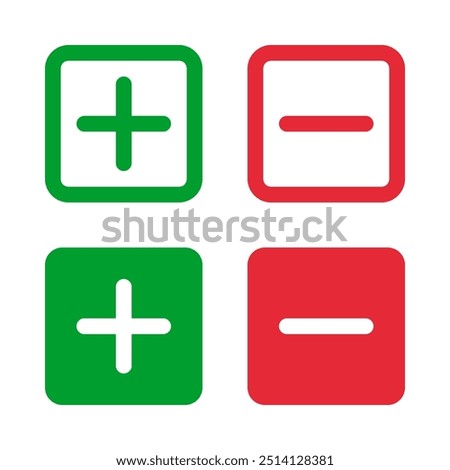 green plus and and minus squared icon set, increase decrease vector pictogram, positive negative signs