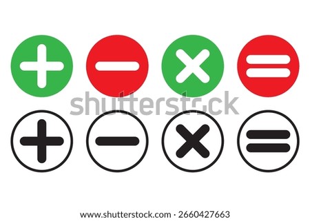 Green plus and Red minus multiplication, division, Equal icon symbols, round thin line vector signs. Checkmark icon and plus and minus icon. Vector illustration. EPS 10	