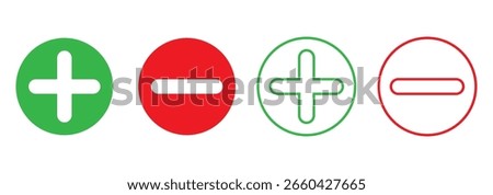 Green plus and Red minus multiplication, division, Equal icon symbols, round thin line vector signs. Checkmark icon and plus and minus icon. Vector illustration. EPS 10	