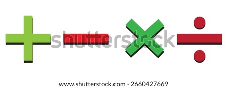Green plus and Red minus multiplication, division, Equal icon symbols, round thin line vector signs. Checkmark icon and plus and minus icon. Vector illustration. EPS 10	