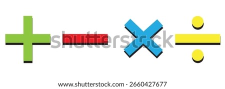 Green plus and Red minus multiplication, division, Equal icon symbols, round thin line vector signs. Checkmark icon and plus and minus icon. Vector illustration. EPS 10	