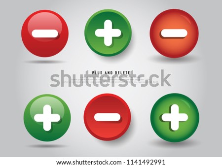 Green plus and red minus round icons on white background. Vector illustration