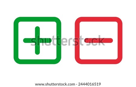 Green plus and red minus squared outline icons. Positive and negative symbols.