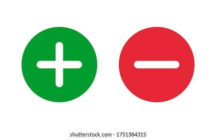 green plus and red minus symbols, round solid vector signs