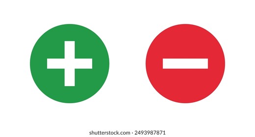 símbolos más y menos verdes y rojos, signos de Vector de línea fina sólida positiva y negativa. Símbolos matemáticos, sumar, restar, acertar y errar, pros y contras.