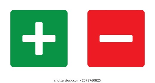 Green plus and red minus symbols. Thin-line vector icons representing positive and negative signs. Mathematical symbols for addition and subtraction, indicating right and wrong, pros and cons