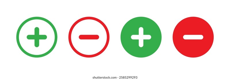 Green plus and Red minus symbols, Positive an negative solid thin line vector signs. Mathematical symbols, add, subtract, right and wrong, pros and cons. Vector Illustration.