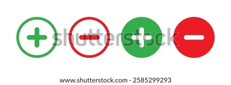 Green plus and Red minus symbols, Positive an negative solid thin line vector signs. Mathematical symbols, add, subtract, right and wrong, pros and cons. Vector Illustration.