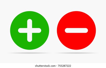 Green plus and red minus. Vector illustration. Plus and minus round icons on white background.