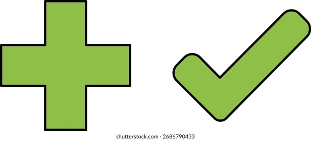 Signo verde más y símbolos de marca de verificación en el icono de fondo blanco