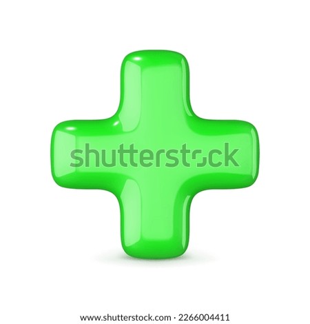 Green plus sign isolated on white background. Vector 3D illustration of glossy green cross icon.
