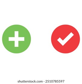 Green plus sign and red checkmark icons on separate circles.