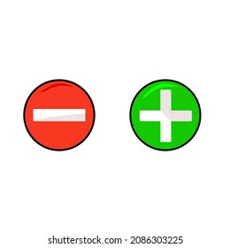 Signo verde más y signo rojo menos.  Forma de círculo. Ilustración vectorial.