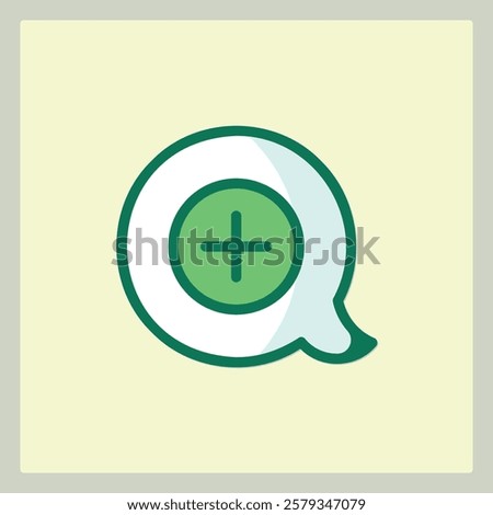 Green plus symbol inside a white speech bubble icon against a light beige background