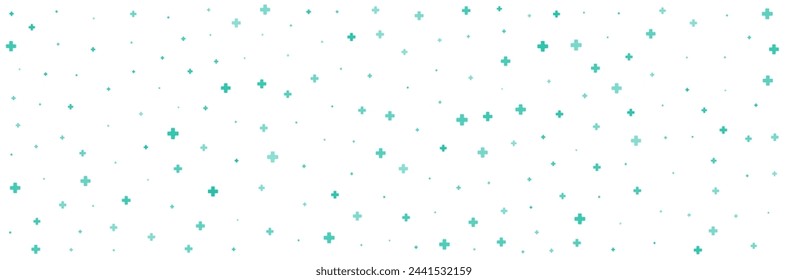 Green or plus symbols of different sizes and opacity on white background. Abstract pattern of blue medical cross or mathematical plus pictogram. Vector illustration on cyan background with stars