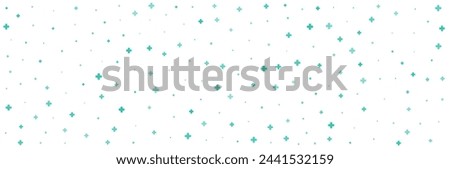 Green or plus symbols of different sizes and opacity on white background. Abstract pattern of blue medical cross or mathematical plus pictogram. Vector illustration on cyan background with stars