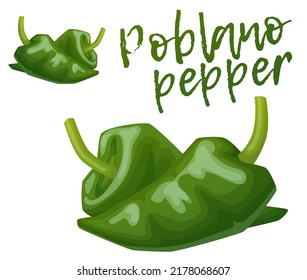 Green poblano pepper vector icon isolated on white background, set of two hot peppers food ingredients cartoon illustration