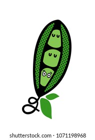 Green pod with cute peas. Vector illustration isolated on white background.