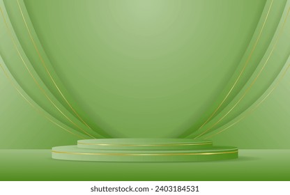 Podio verde con borde curvo verde y elegantes líneas doradas en la parte posterior para la presentación del producto. Presentación de productos cosméticos. Etapa o podio. ilustración vectorial	
