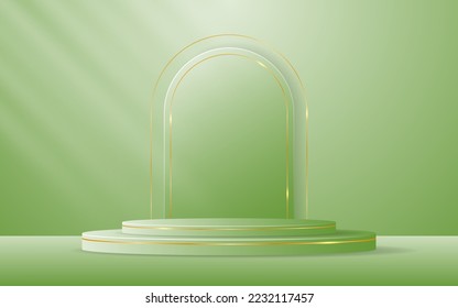 Green podium with green curved border and gold lines on the back for product presentation. Cosmetic product display. vector illustration	