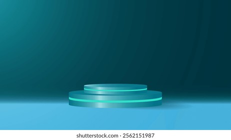 green podium design with a blue backdrop