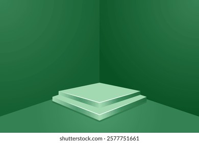 green podium for displaying products with a wall corner background