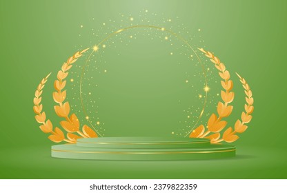 Green podium with elegant gold lines for the best awards or product display. stage or podium. vector illustration	