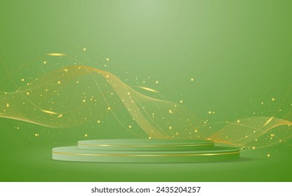 Green podium with elegant gold wave lines on the back for product presentation. Display of cosmetic products. Stage or podium. vector illustration	